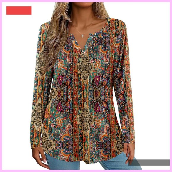 Long Sleeve V-Neck Pleated Tunic Blouse Loose Fit Fall Fashion - Picture 2 of 4